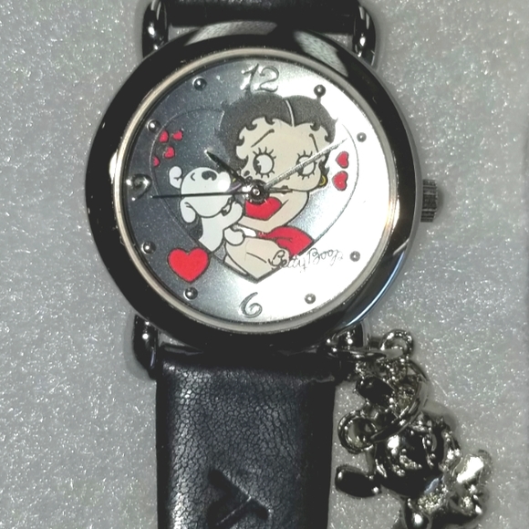NWOT Ladies (Betty Boop) Valdawn silver/blk, black leather band, silver charm. - Picture 2 of 4